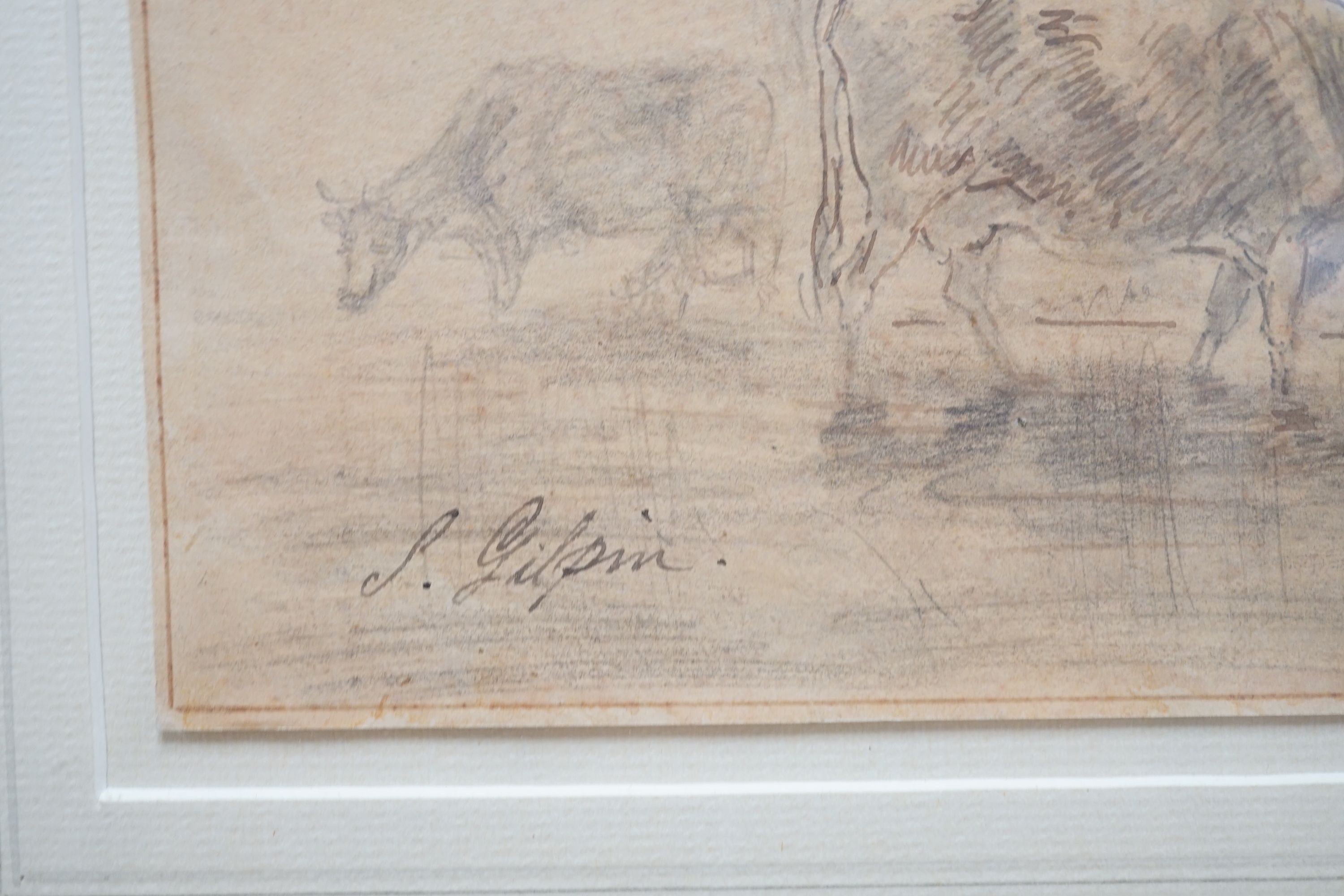 Sawrey Gilpin (1733-1807), Cattle at a ford, pencil and sepia drawing, signed, 13.5 x 21.5cm